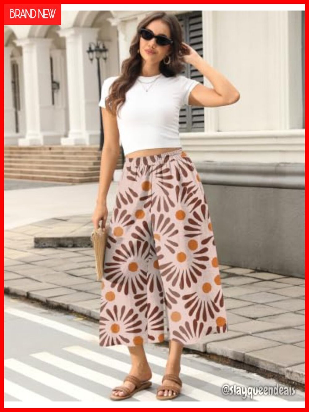 Wide Leg Linen Capri Pants Elastic Waist Palazzo Trousers with Pockets - Picture 4 of 7